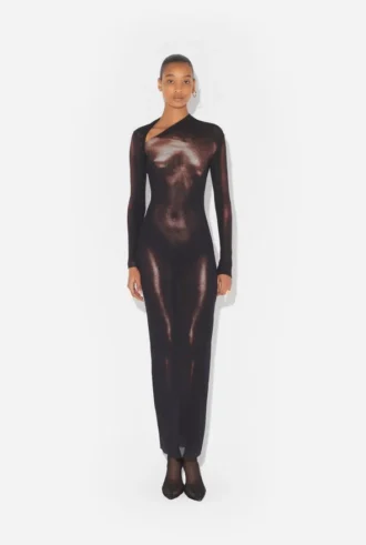 Das lange bronzefarbene Body Dust-Kleid